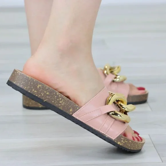 Pink Flat Slip On Sliders Sandal Trendy Comfort Lightweight Blush and Gold - Picture 8 of 11